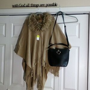 Poncho with Faux Fur Collar and Purse Combo